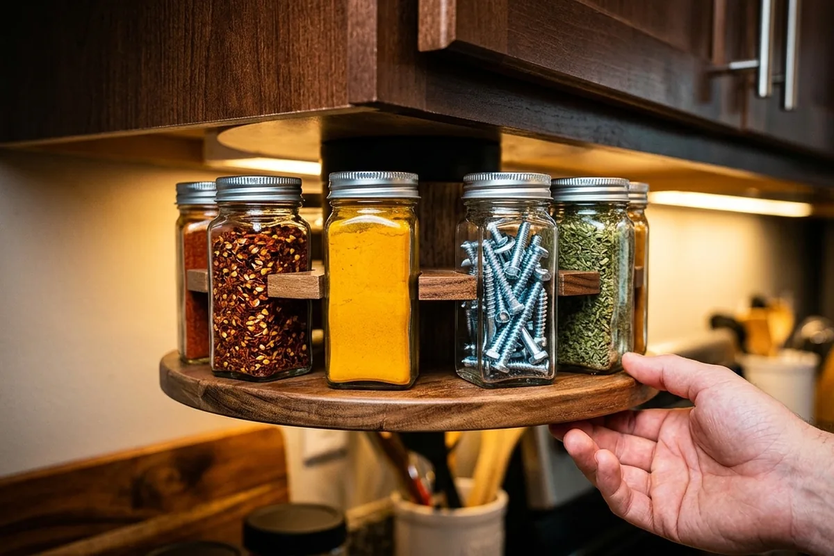 Cassetti delle spezie sempre in ordine con il trucco dei vasetti di vetro sotto i pensili