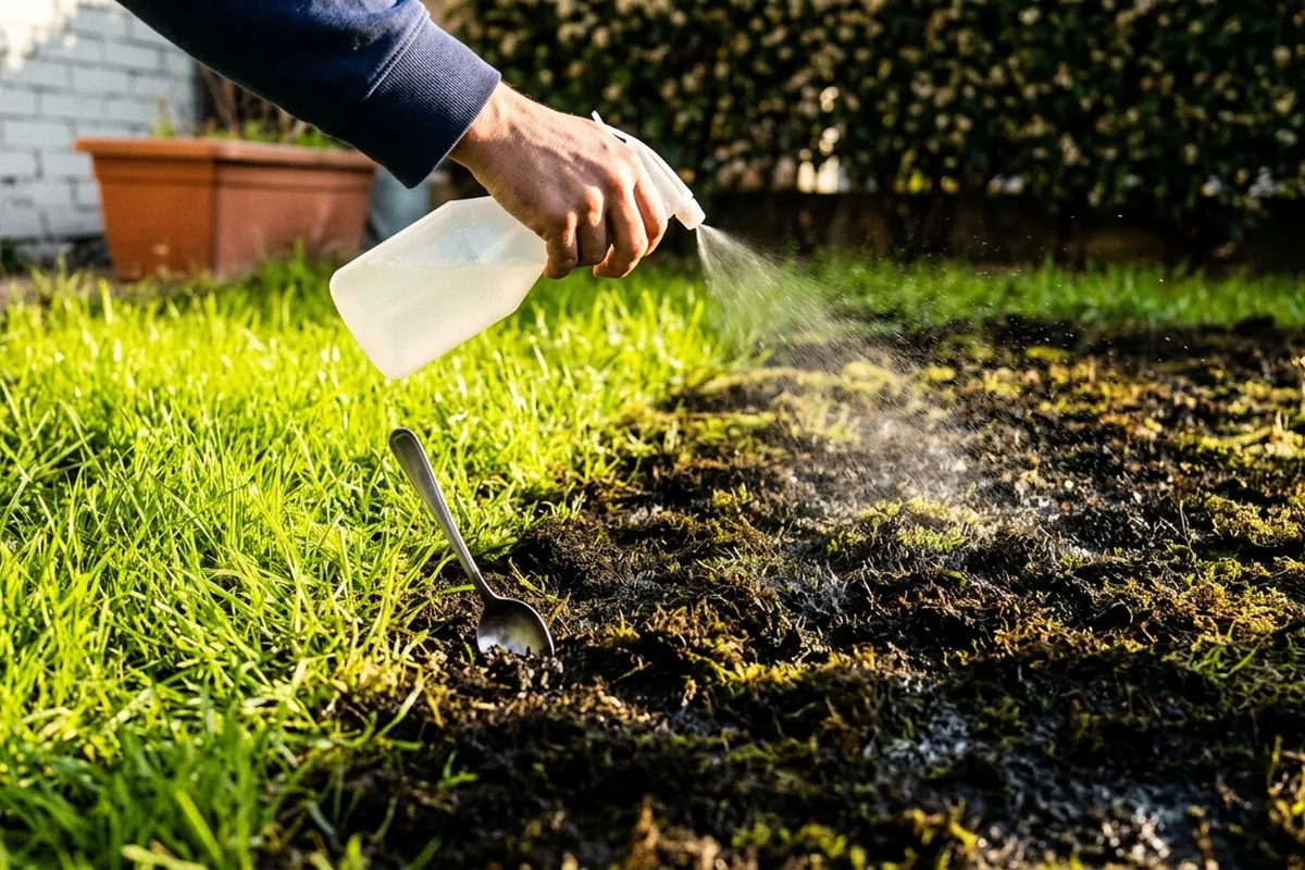 Il trucco da cucina che “brucia” il muschio dal prato (e perché da solo non basta)